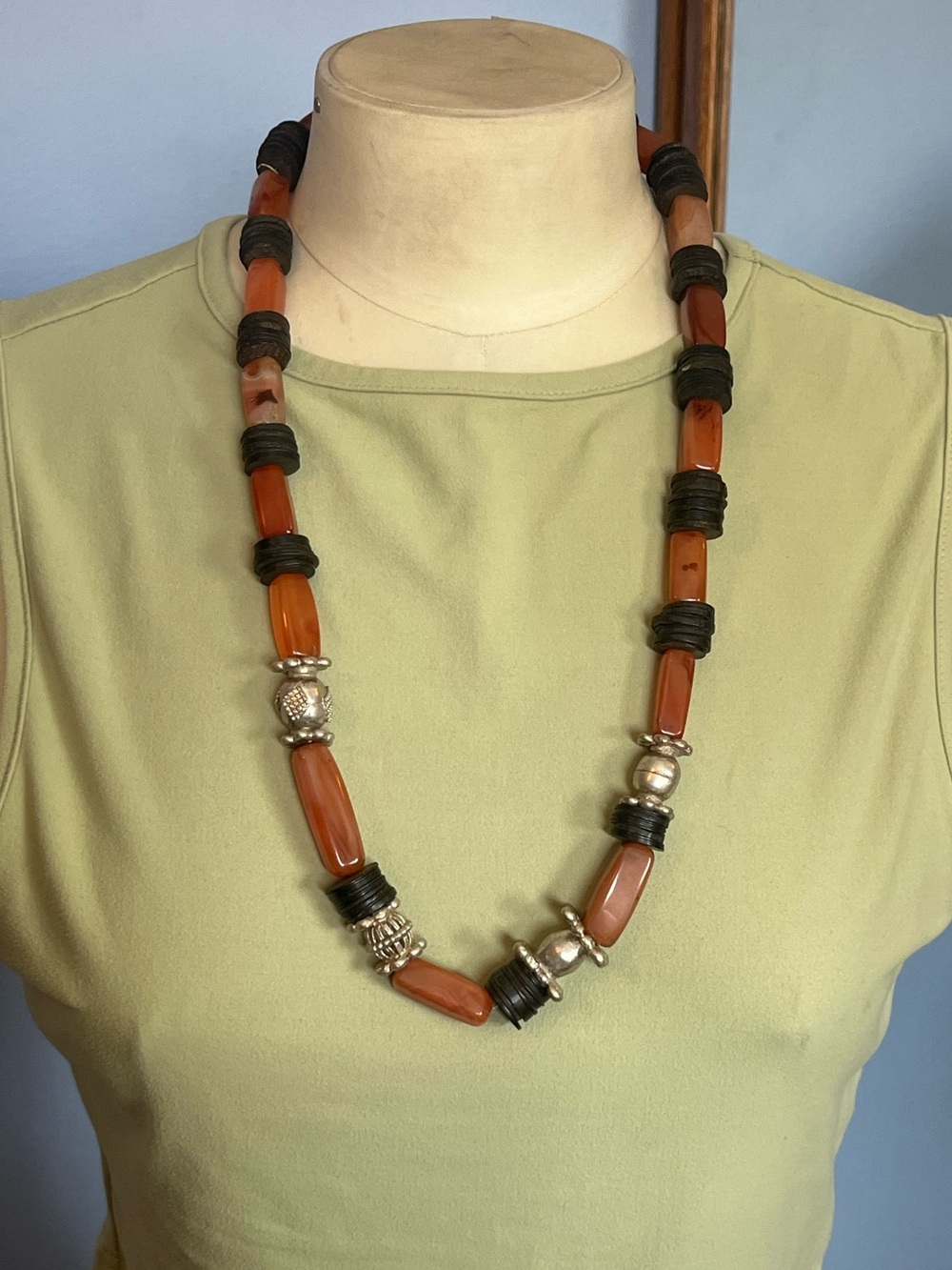 Genuine Agate, Wood and Metal Bead Necklace